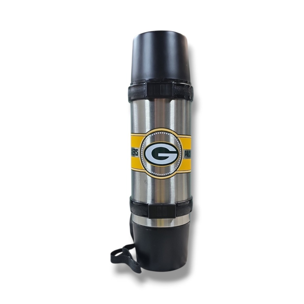 NFL Green Bay Packers Black/Stainless Steel Vac Insulated 40oz Thermos W/2 Cups